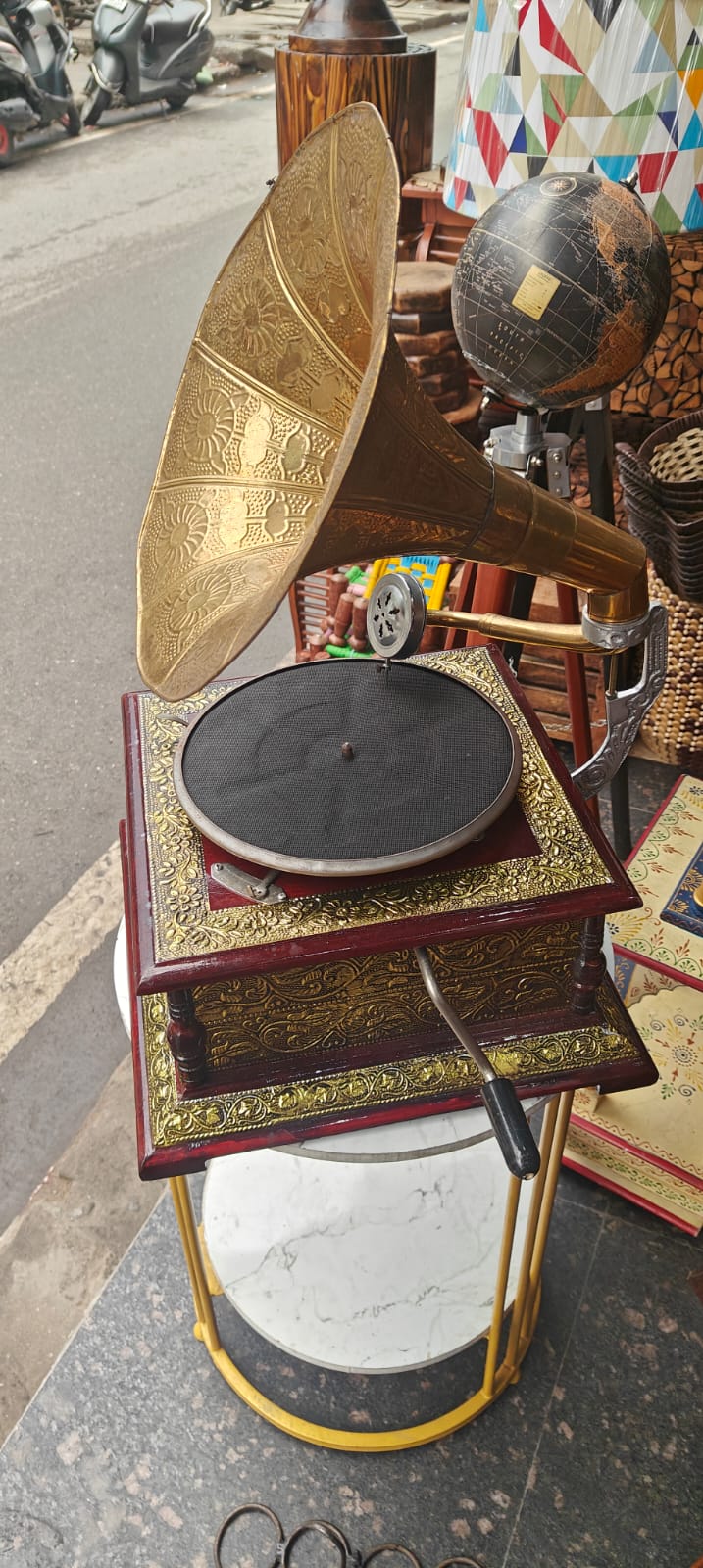 Vintage Hand-Crank Gramophone with Brass Horn & Wooden Base
